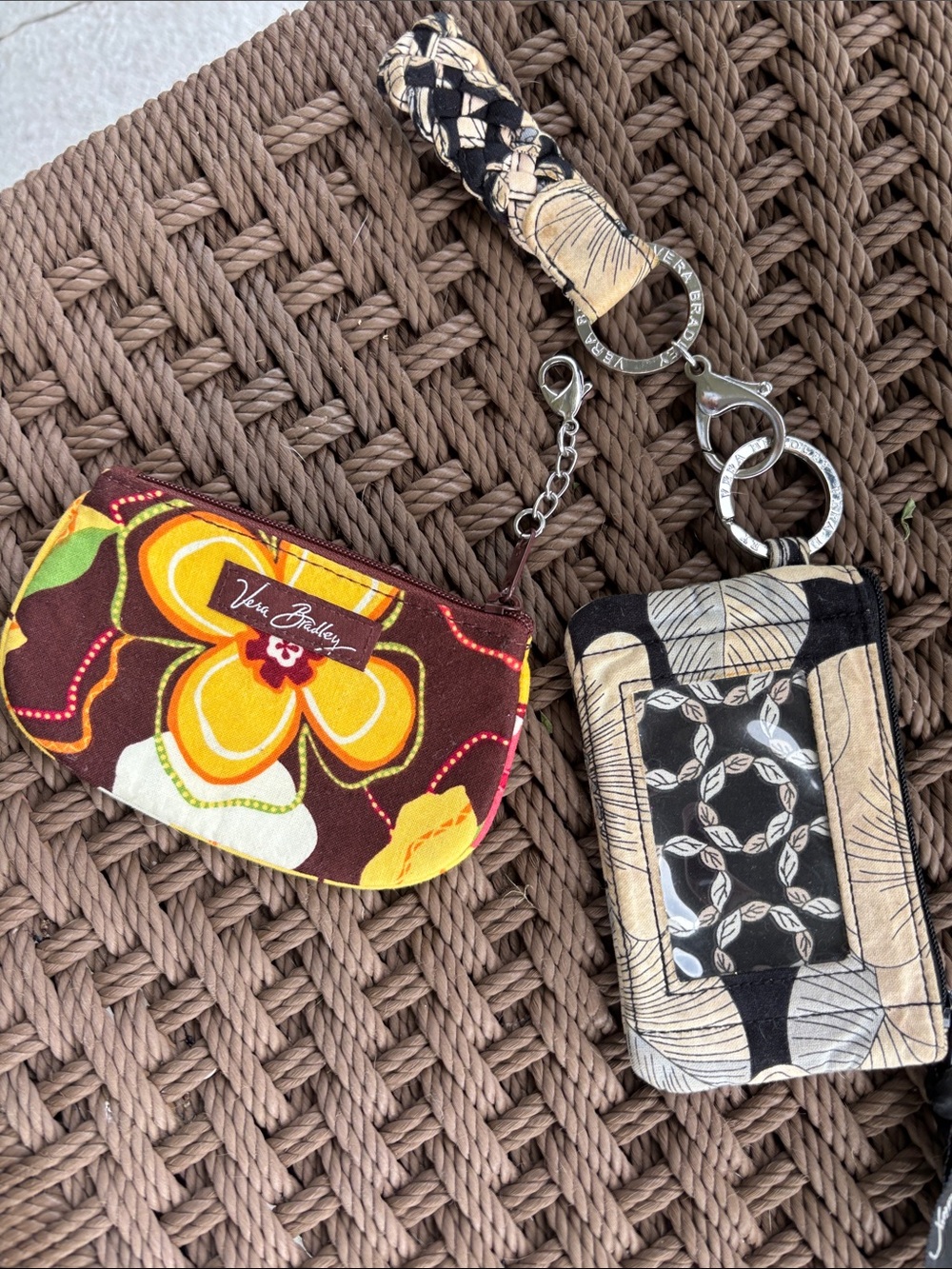 Vera Bradley Brown Floral Quilted Wristlet Keychain with Yellow Orange Accents